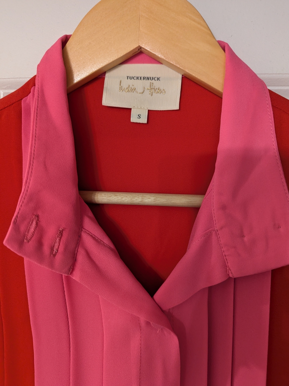 Tuckernuck + India Hicks Two-Tone Red & Hot Pink Pleated Button-Front Blouse - Picture 2 of 5